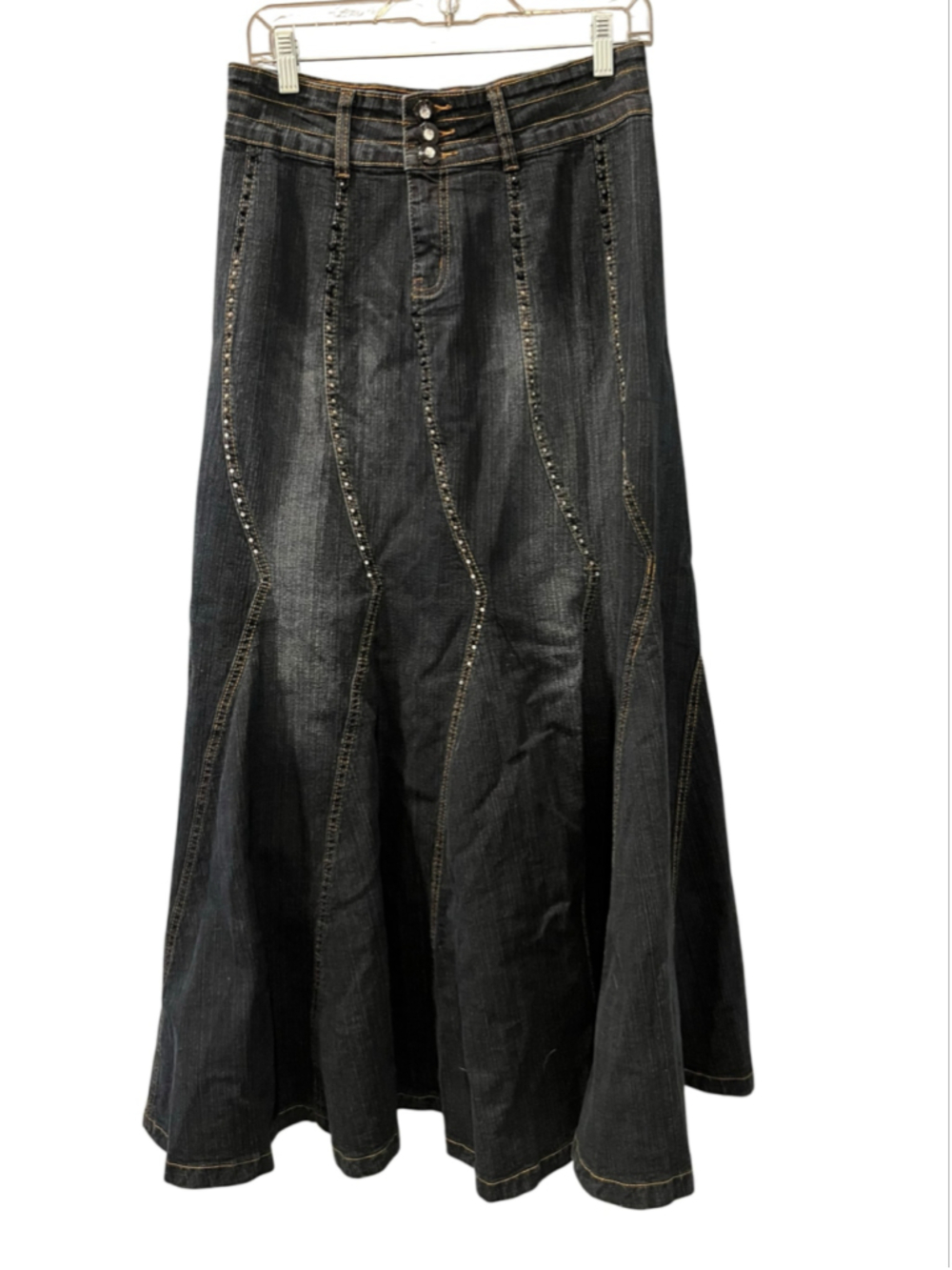 Vintage 90s STYLE Black Denim Paneled Maxi Skirt Rhinestone Flared Mermaid Sz 4
